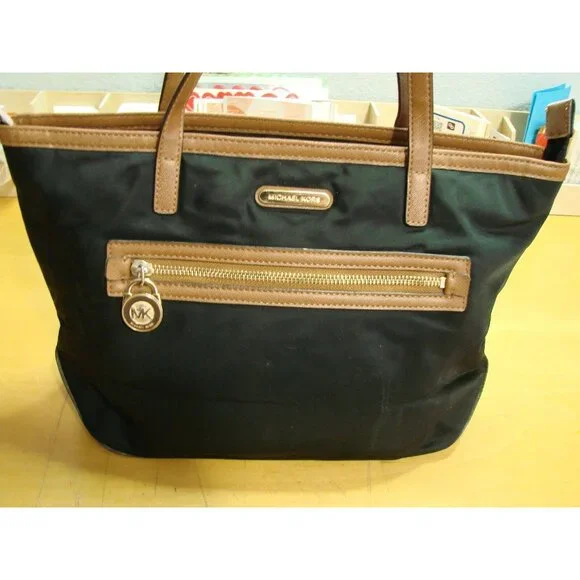 Michael Kors Black Nylon Tote Shoulder Bag Brown Trim Faux Leather Edging Purse - Picture 3 of 12